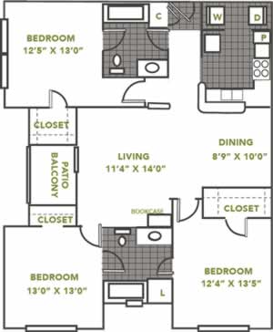 Photo of the Downing - Three Bedroom / Two Bath 1,207 Sq. Ft.* floorplan
